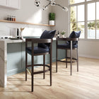 Manhattan Comfort Ritz 22" Mid-Century Modern Faux Leather Upholstered Counter Stool - Black and Dark Walnut - 3 Pack-Made of Beech Wood with Rich Walnut Finish