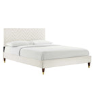 Modway Leah Chevron Tufted Performance Velvet Full Platform Bed with Wood Legs and Gold Metal Sleeves - White-Reinforced Center Beam