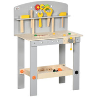 Qaba Kids Tool Bench with Storage Shelf - Construction Work Shop Toy - Multicoloured - Set of 31-31 necessary tools and extras, such as a hammer, screwdrivers, and more 