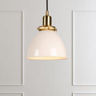 Hudson&Canal Madison 8" Wide Pendant with Metal Shade - Pearled White/Brass/Pearled White-Rated for one 60W incandescent bulb - 9W LED bulb, 13W fluorescent (CFL) bulb, or 9W self-ballasted LED bulb, E26-base bulb, Bulb not included