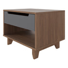 Nexera Barista Nightstand with 1-Drawer And Folding Door - Walnut & Charcoal-1 convenient storage drawer on metal slides to keep all your personal belongings handy while in bed