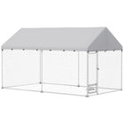 PawHut Outdoor Dog Run with Adjustable Rotating Bowls - 13.1' x 7.5' x 7.5' - Silver-Galvanized metal tubing and thick steel wire mesh ensure lasting strength 