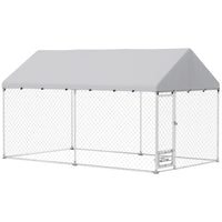 PawHut Outdoor Dog Run with Adjustable Rotating Bowls - 13.1' x 7.5' x 7.5' - Silver-Galvanized metal tubing and thick steel wire mesh ensure lasting strength 