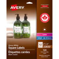 Avery Glossy Square Labels - 2" x 2" - White - 120 Labels-White Glossy Square Labels