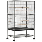 PawHut 52" H Large Metal Bird Cage with Rolling Stand, Storage Shelf and Wood Perch - Dark Grey-Multiple doors for easy access to the inside area 