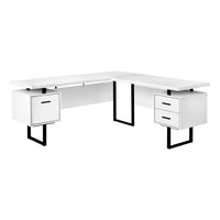 Monarch Specialties 7616 70" Computer Desk - White/Black Metal/L/R Face-L-shaped computer desk with 3 storage drawers featuring thick-panel construction in a white finish and 3 sturdy metal legs in a black finish