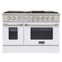 Kucht 48" KNG Series Pro Style Propane Gas Range - Stainless Steel/White-Cook and bake like a pro with two separate ovens featuring large oven windows. The main oven is a heavy-duty blue porcelain oven with 4.2-cu-ft of capacity, while the additional side oven has 2.5-cu-ft of capacity