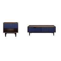 Manhattan Comfort Duane Mid-Century Modern End Table and Coffee Table - Dark Brown and Navy Blue - Set of 2-Mid-Century Modern End Table and Coffee Table Set for Living Room Use