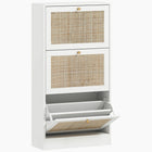 HOMCOM Rattan Shoe Storage Organizer with 3 Flip Drawers - White-White finish with rattan fronts and knobs for a boho chic style