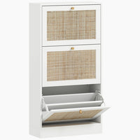 HOMCOM Rattan Shoe Storage Organizer with 3 Flip Drawers - White-White finish with rattan fronts and knobs for a boho chic style