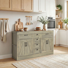 HOMCOM 55" Farmhouse Sideboard Buffet Cabinet with Barn Doors & Drawers - Grey Wood Grain-Bring farmhouse charm to your kitchen with barn doors and vintage handles