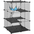 PawHut 3-Tier Cat Cage Crate with 3 Doors, Ladder and Hammock - Black-Freely customize the layout with modular panels for a unique pet space 