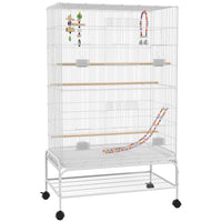 PawHut 52" H Bird Cage with Rolling Stand, Toys, Removable Tray and Storage Shelf - White-Spacious living area and 0.4" (1 cm) bar spacing, for finches, lovebirds, canaries, budgies, parakeets and more 