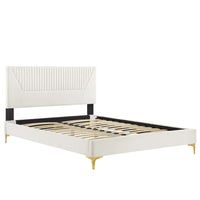 Modway Yasmine Channel Tufted Performance Velvet Queen Platform Bed with Gold Metal Legs - White-Queen Platform Bed
