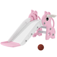 Qaba 3 in 1 Kids Slide with Climber and Basketball Hoop - Pink-3-step ladder assists children in climbing safely 