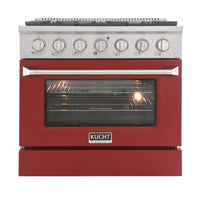 Kucht 36" KNG Series Pro Style Natural Gas Range - Stainless Steel/Red-Cook and bake like a pro with the extra-large convection oven that offers 4.2 cu. ft. of capacity, a 5-rack configuration, and an extra-large viewing window