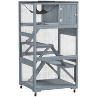 PawHut 66"H Outdoor Catio Cat House on Wheels with Hammock and Platforms - Light Grey-Combines cat ramps, sleeping boxes, hammocks, and platforms 
