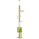 PawHut 87" - 94.5" Floor-To-Ceiling Cat Tree Tower - Green-Features a condo, hammock and platforms for endless climbing and resting 