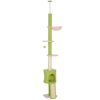PawHut 87" - 94.5" Floor-To-Ceiling Cat Tree Tower - Green-Features a condo, hammock and platforms for endless climbing and resting 