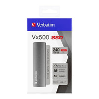 Verbatim 240GB Vx500 External SSD, USB 3.1 Gen 2, Graphite-USB 3.1 Gen 2 connectivity for high-speed data transfer and optimum performance (For optimal performance use with a USB 3.1 Gen 2 port/cable or a Thunderbolt™ 3 port/cable. Transfer speeds based on internal data using UASP and BOT mode)