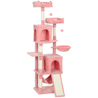 PawHut 70" Multi-Level Cat Tree Tower with 2 Condos - Pink-This 69.7" (177 cm) tower has condos, perches, and a hammock for endless fun 