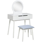 HOMCOM Makeup Vanity Desk with Round Mirror and 2 Drawers - 31.5" L x 15.7" W x 49.2" H - White-2-piece set includes a desk with mirror, storage, and a matching stool 