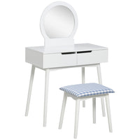 HOMCOM Makeup Vanity Desk with Round Mirror and 2 Drawers - 31.5" L x 15.7" W x 49.2" H - White-2-piece set includes a desk with mirror, storage, and a matching stool 