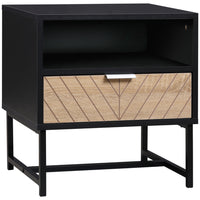 HOMCOM Modern Bedside Table with Drawer and Storage Shelf - Black-Two colours and a herringbone pattern gives it a unique look