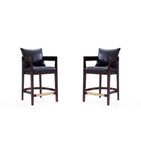 Manhattan Comfort Ritz 22" Mid-Century Modern Faux Leather Upholstered Counter Stool - Black and Dark Walnut - 2 Pack-Mid-Century Modern Counter Stool with Backseat Perfect for Bar and Kitchen Use. Set of 2