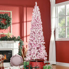 HOMCOM 7.5' Snow-Flocked Pencil Artificial Christmas Tree with Steel Base - Pink-Artificial snow sprayed for a wintry look 