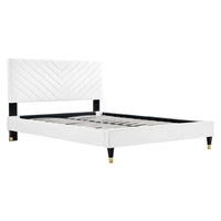 Modway Roxanne Performance Velvet Queen Platform Bed with Wood Legs and Gold Metal Sleeves - White-Vintage Modern Queen Bed