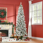 HOMCOM 7.5' Snow-Flocked Pencil Artificial Christmas Tree with Auto Open - Green-Artificial snow spray adds a wintry appearance 
