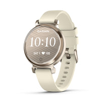 Garmin Lily 2 - Cream Gold Case with Coconut Silicone Band-Perfect for any look, this small, stylish smartwatch features an all-metal watch case and a beautiful patterned lens. Plus, with a quick tap or wrist turn, the Lily 2 smartwatch reveals a bright display. Choose between a variety of 14 mm quick release bands