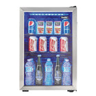 Danby 2.6 cu. ft. Free-Standing Beverage Center - Stainless Steel-Blue LED interior lighting showcases the contents