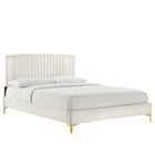 Modway Zahra Channel Tufted Performance Velvet Full Platform Bed with Gold Metal Legs - White-Stain-Resistant Performance Velvet