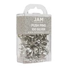 JAM Paper Colourful Push Pins - Silver - 100 Pack-Size: Standard (approx 1 inch) | Steel tipped - perfect for pinning notes on corkboards and cubicles