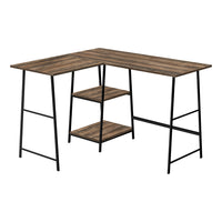 Monarch Specialties 7593 48" Computer Desk - Brown Reclaimed/ Black Metal Corner-Industrial-style computer desk with 2 fixed, open shelves supported by sawhorse-style legs in metal