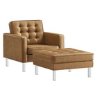 Modway Loft Tufted Vegan Leather Armchair and Ottoman Set - Silver Tan-Mid-Century Armchair and Ottoman Set