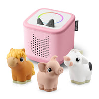 tonies Toniebox 2 Starter Set with My First Tonies: Farm Set - Cloud Pink-Tracklist: Cow: 1. Cow Sound & Song 2. Can You Hear the Cow? 3. The Cow and the Clover 4. Cows in the Meadow (Soundscape & Music) Pig: 1. Pig Sound & Song 2. Can You Hear the Pig? 3. Ten Little Piglets 4. Playing in the Mud (Soundscape & Music) Horse: 1. Horse Sound & Song 2. Can You Hear the Horse? 3. Mama Horse and her Foal 4. Trotting to the Apple Tree (Soundscape & Music) Total Run Time: Approx. 37 minutes