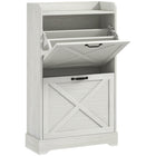 HOMCOM Farmhouse Slim Shoe Cabinet with 2 Flip Drawers & Adjustable Shelves - Distressed White-Distressed wood effect and X-brace barn panels add farmhouse style