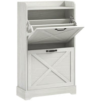HOMCOM Farmhouse Slim Shoe Cabinet with 2 Flip Drawers & Adjustable Shelves - Distressed White-Distressed wood effect and X-brace barn panels add farmhouse style