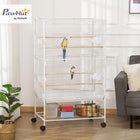 PawHut 52" H Large Metal Bird Cage with Rolling Stand, Storage Shelf and Wood Perch - White-Includes 4 wooden perches and 4 plastic food containers 