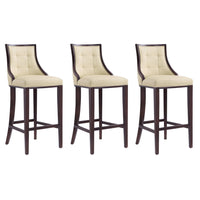 Manhattan Comfort Fifth Avenue 19" Traditional Faux Leather Upholstered Bar Stool - Cream and Walnut - 3 Pack-Traditional Barstool with Backseat Perfect for Bar and Kitchen Use. Set of 3