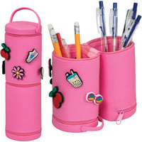 Merangue Silicone Pouch with 6 Charms - Pink-Roll-shaped case with three zippers and hidden compartment