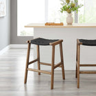 Modway Saoirse Woven Rope Wood Counter Stool - Walnut Black - Set of 2-Foot Pads for Floor Protection