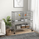 PawHut 40" H Divided Rolling Bird Cage with Removable Metal Tray and Storage Shelf - Light Grey-2 large front doors and 2 side doors for bird's easy access to the inside area 