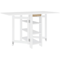 HOMCOM Drop Leaf Folding Dining Table with Storage Shelves for 4-6 - White-Drop leaf design allows three setups: no leaf, a leaf, or two