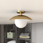 Hudson&Canal Alvia 14.5" Wide Semi Flush Mount with Metal/Glass Shade - Brass/White-Handcrafted brass finish is applied to plate-shaped metal shade overhang