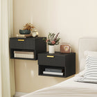 HOMCOM Floating Nightstands with Fluted Drawer and Open Shelf - Black - Set of 2-A fluted drawer panel with a gold handle adds a touch of modern luxury