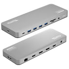 Plugable USB-C DUAL 4K Monitors 100W Laptop Docking Station-Fully Connected—13-port USB C docking station dual monitor with twin 4K displays works with HDMI, DisplayPort or both, 5x USB 3.0 ports, SD and microSD card readers, audio in/out ports, an Ethernet port, and 100W charging—keeps all your plugs on your desk within easy reach